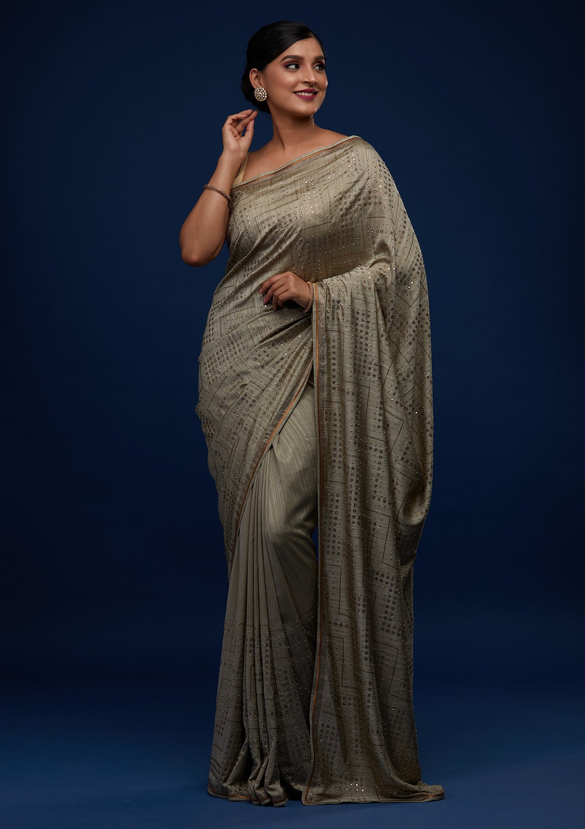 Pista Green Sequins Semi Crepe Designer Saree - Koskii