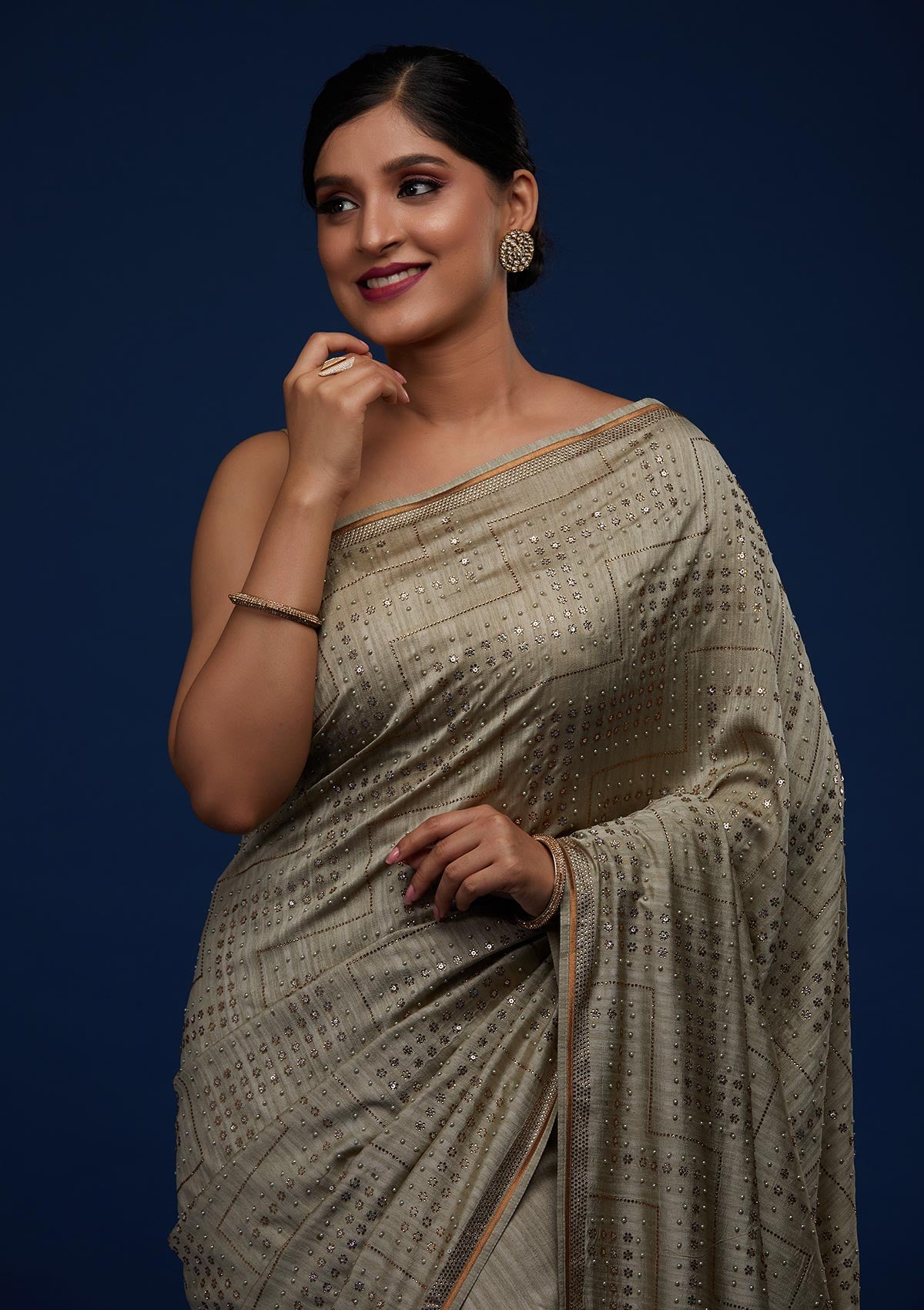 Pista Green Sequins Semi Crepe Designer Saree - Koskii