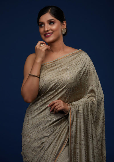 Pista Green Sequins Semi Crepe Designer Saree - Koskii
