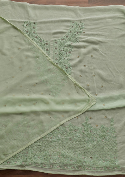 Pista Green Silver Stonework Georgette Unstitched Salwar Suit - Koskii