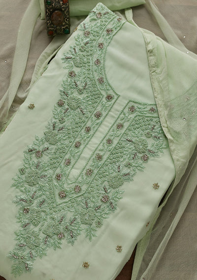 Pista Green Silver Stonework Georgette Unstitched Salwar Suit - Koskii