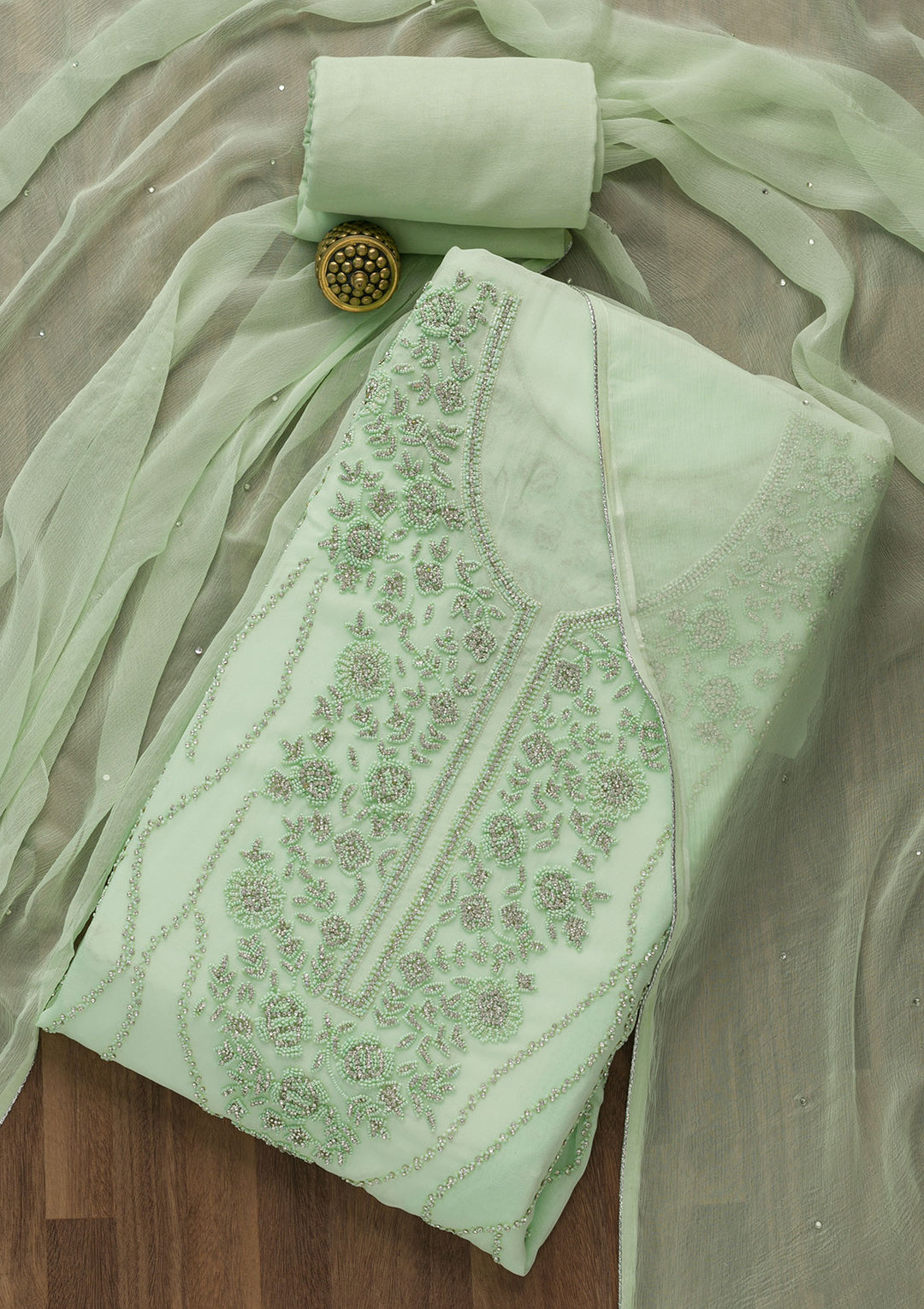 Pista Green Silver Stonework Georgette Unstitched Salwar Suit-Koskii