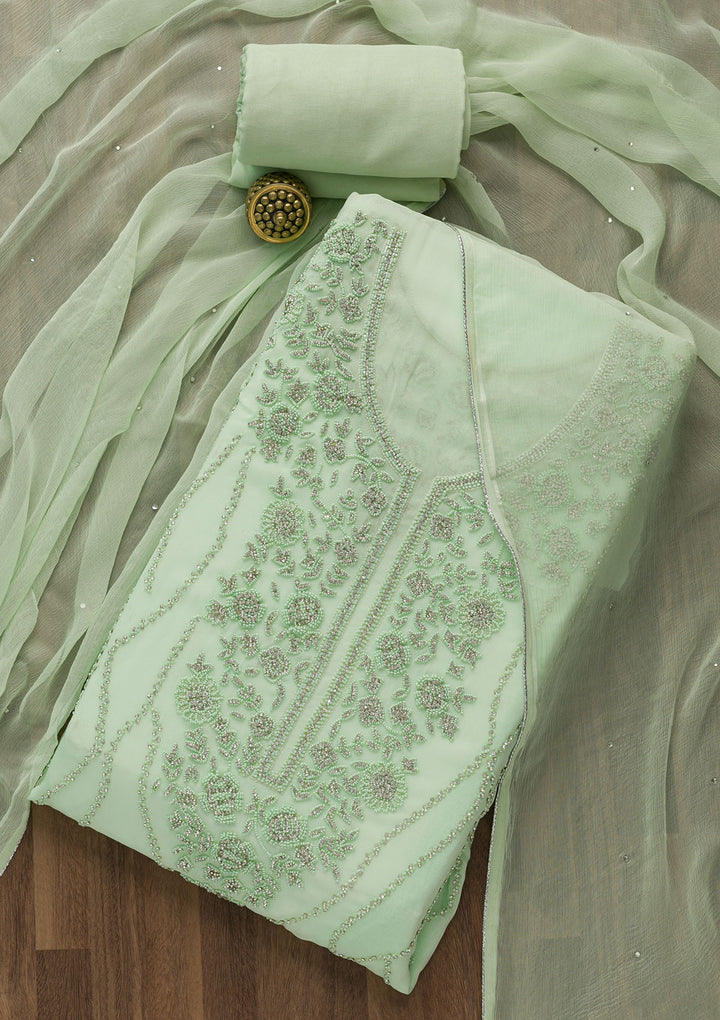 Pista Green Silver Stonework Georgette Unstitched Salwar Suit-Koskii