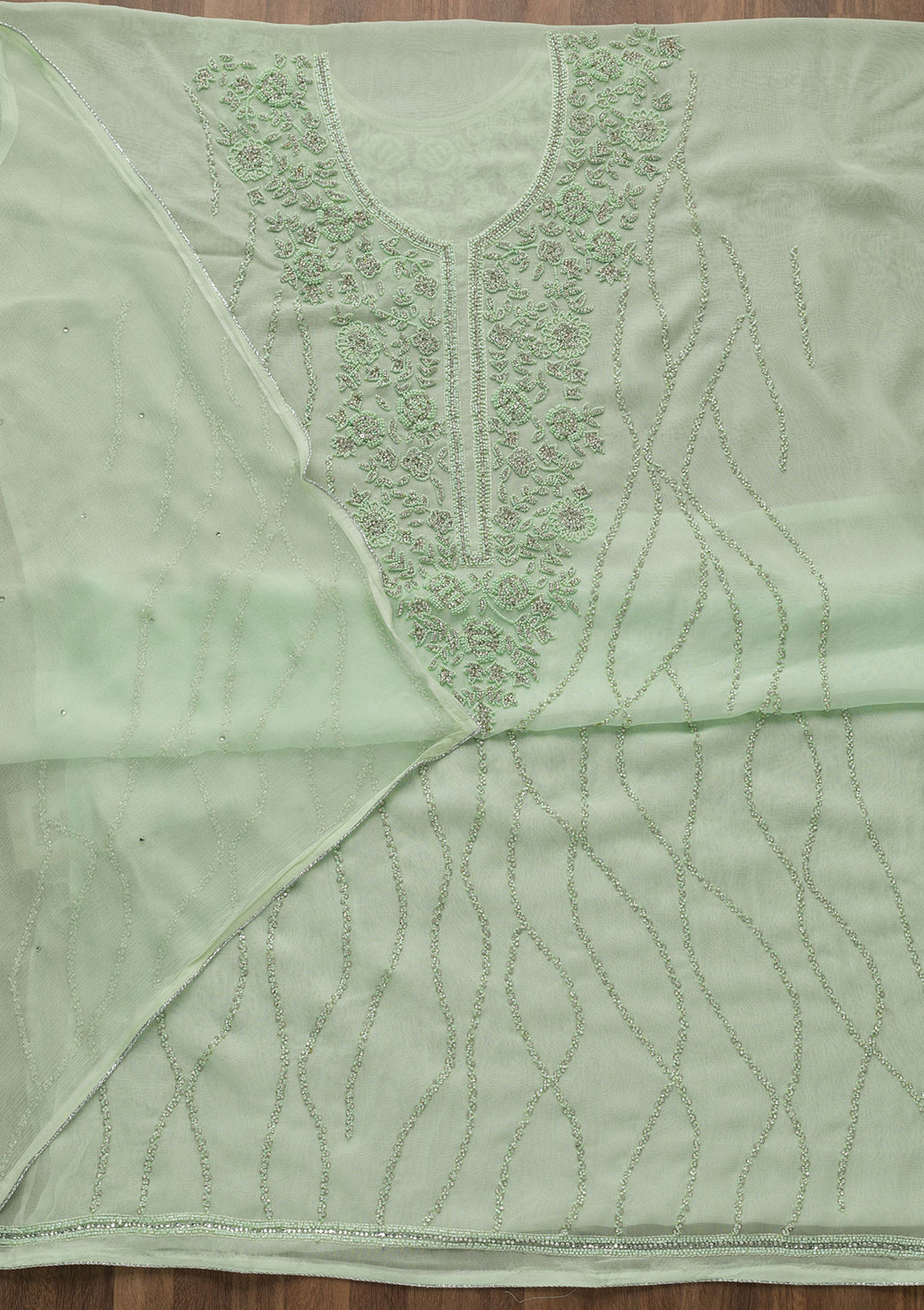 Pista Green Silver Stonework Georgette Unstitched Salwar Suit-Koskii
