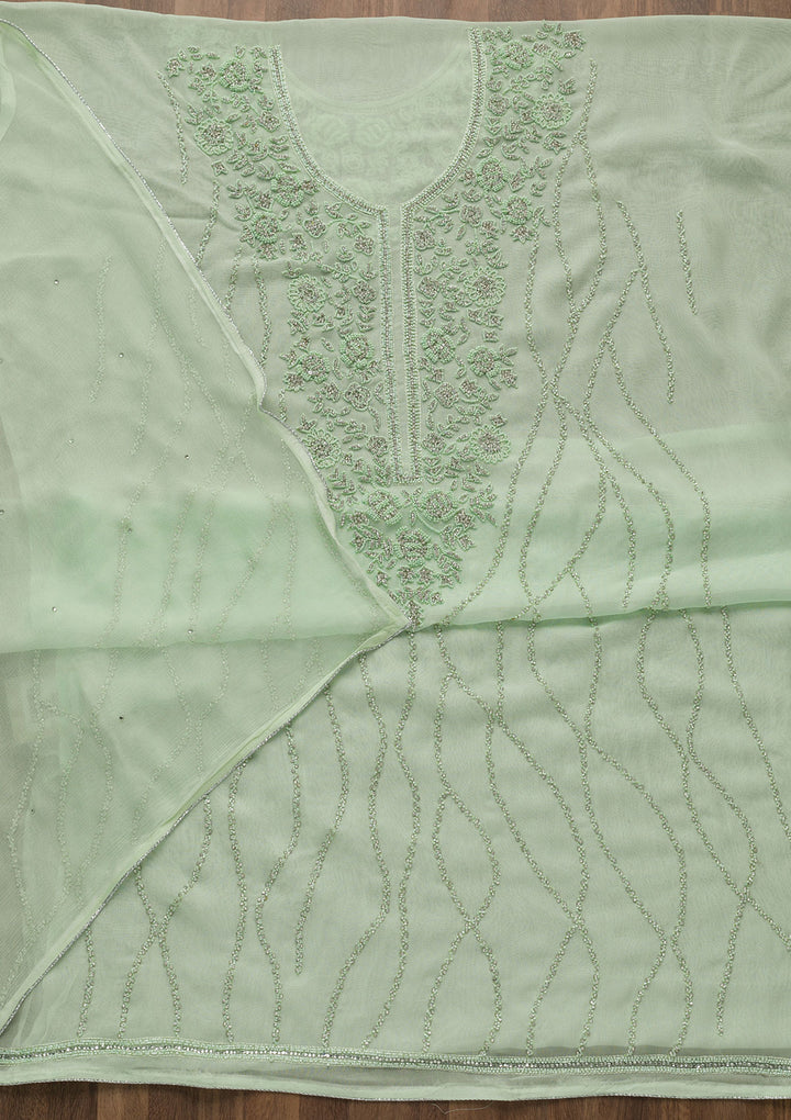 Pista Green Silver Stonework Georgette Unstitched Salwar Suit-Koskii