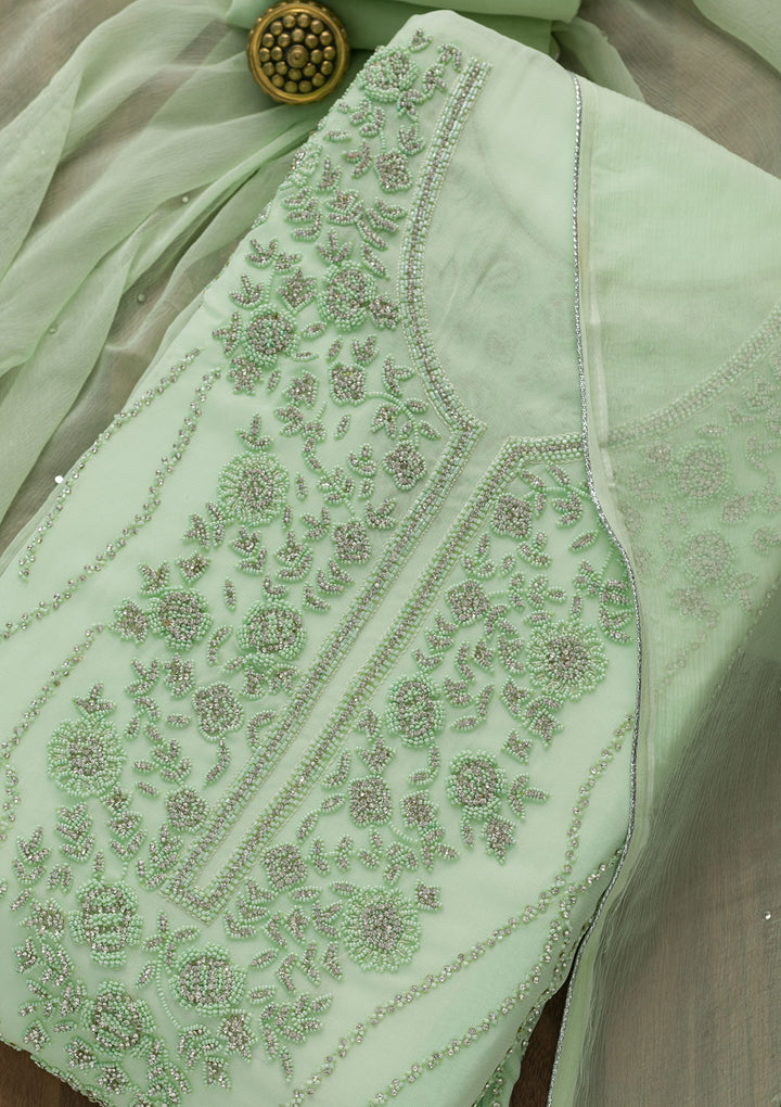 Pista Green Silver Stonework Georgette Unstitched Salwar Suit-Koskii