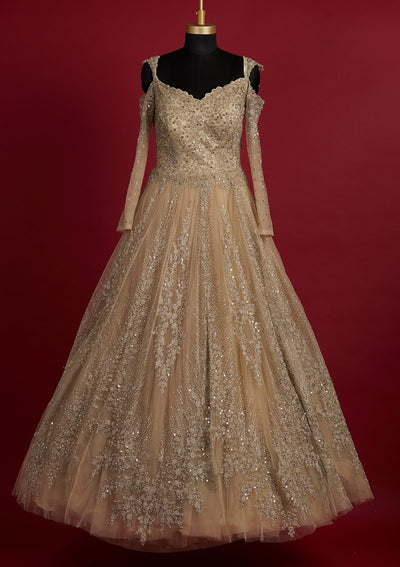 Pista Green Silver Stonework Net Designer Gown - koskii