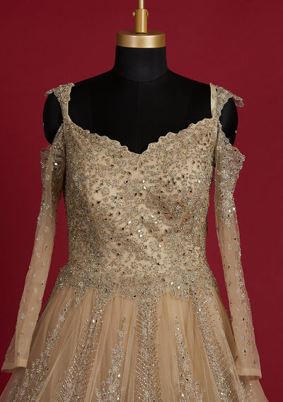 Pista Green Silver Stonework Net Designer Gown - koskii