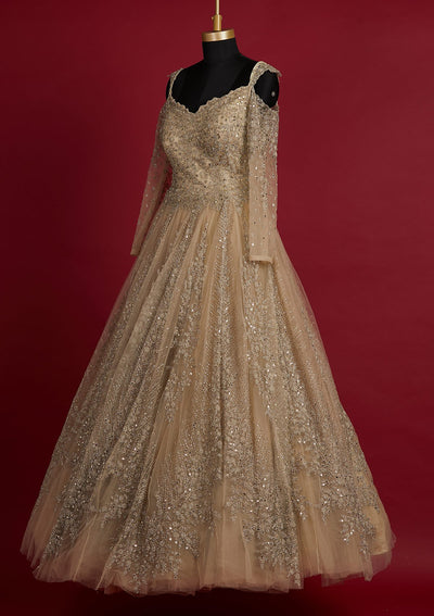 Pista Green Silver Stonework Net Designer Gown - koskii