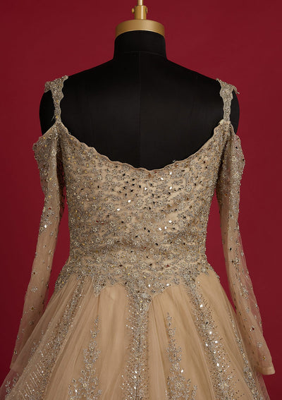 Pista Green Silver Stonework Net Designer Gown - koskii