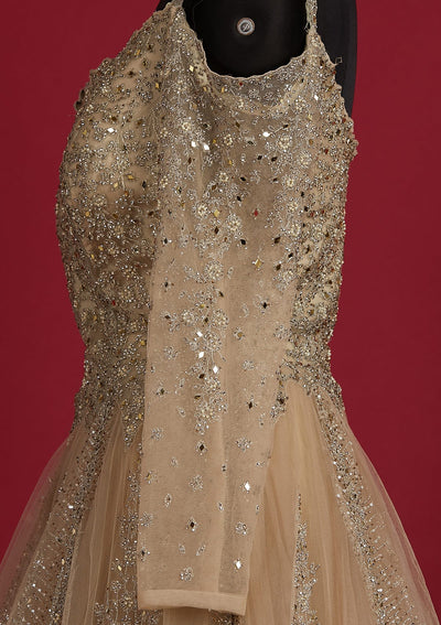 Pista Green Silver Stonework Net Designer Gown - koskii