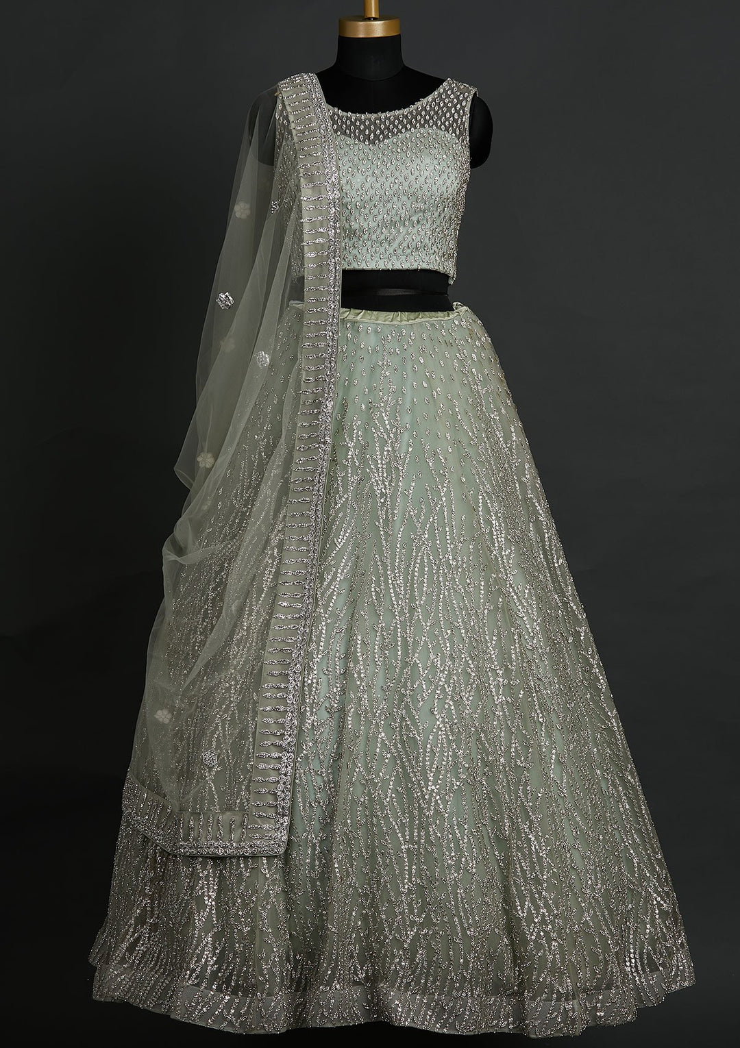Pista Green Silver Stonework Net Designer Lehenga - koskii