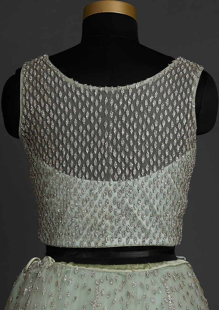 Pista Green Silver Stonework Net Designer Lehenga - koskii
