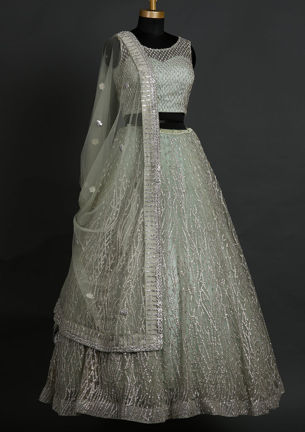 Pista Green Silver Stonework Net Designer Lehenga - koskii