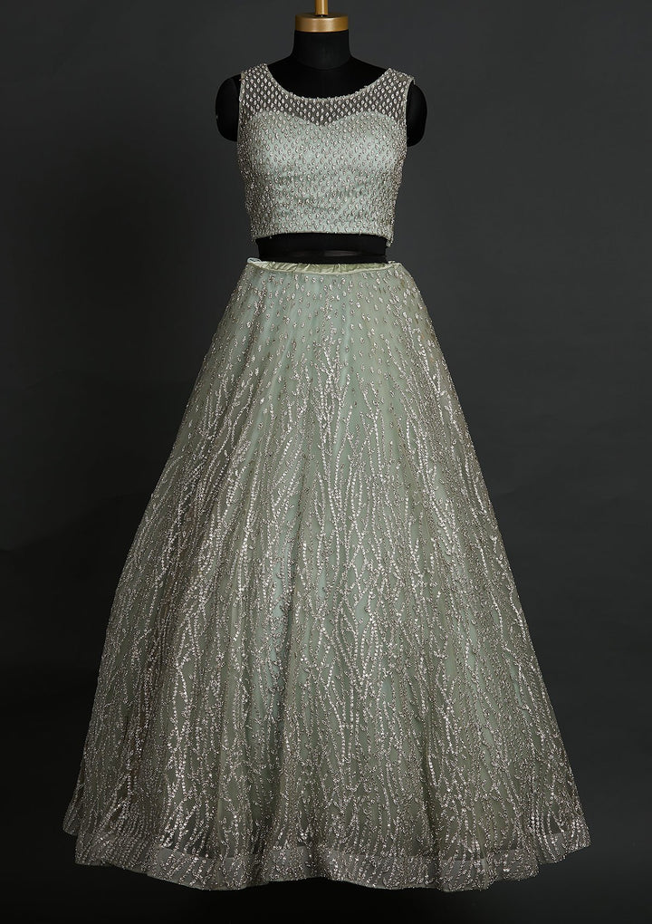 Pista Green Silver Stonework Net Designer Lehenga - koskii