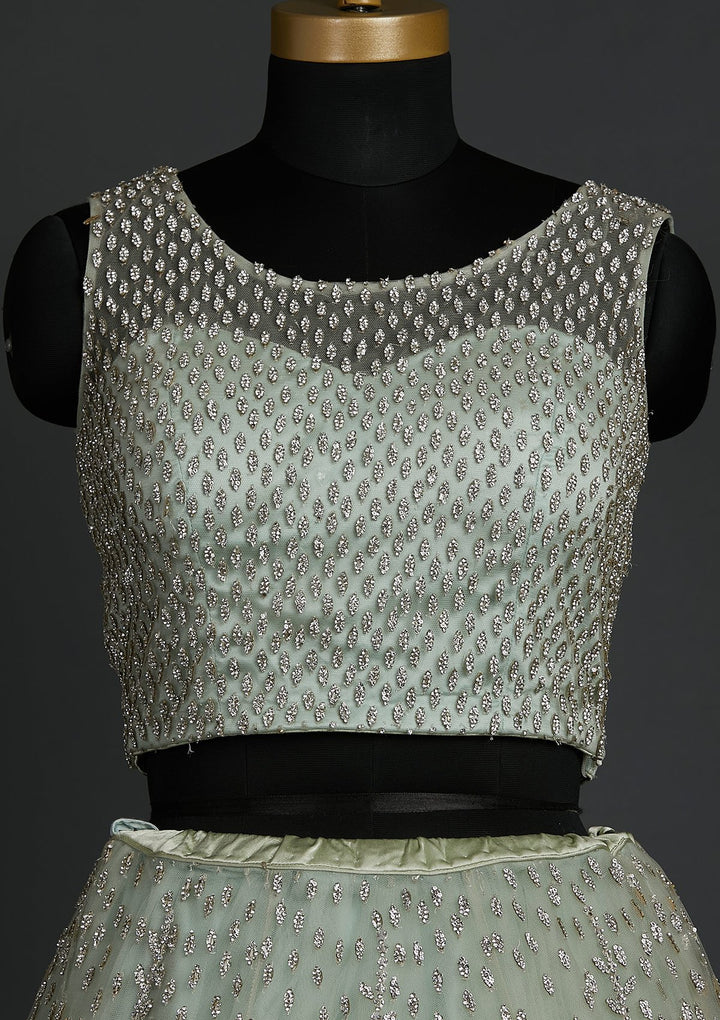 Pista Green Silver Stonework Net Designer Lehenga - koskii