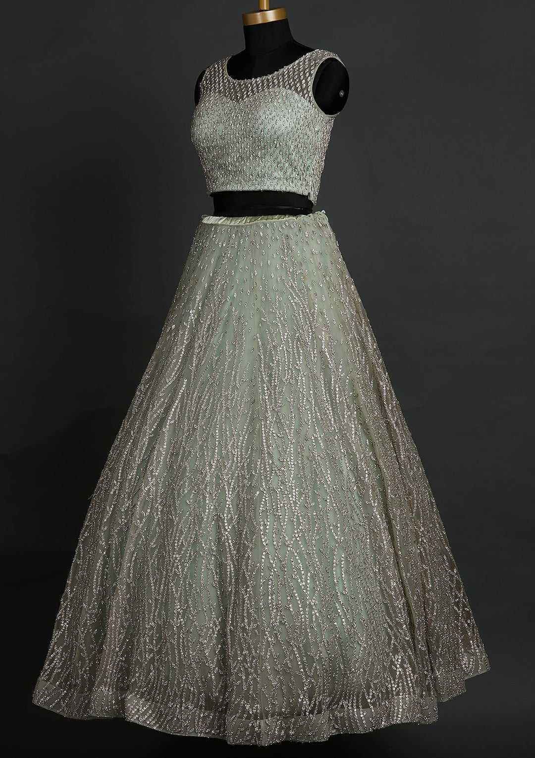 Pista Green Silver Stonework Net Designer Lehenga - koskii