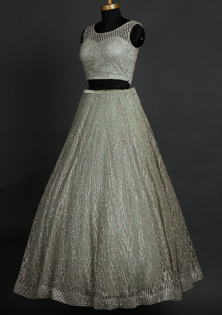 Pista Green Silver Stonework Net Designer Lehenga - koskii