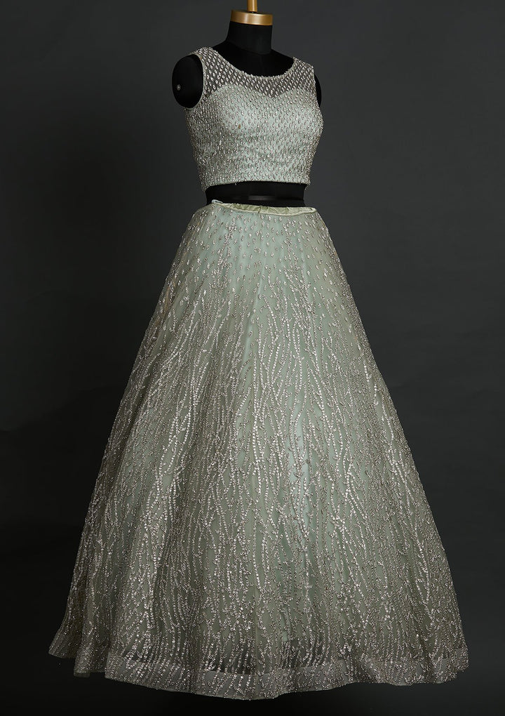 Pista Green Silver Stonework Net Designer Lehenga - koskii