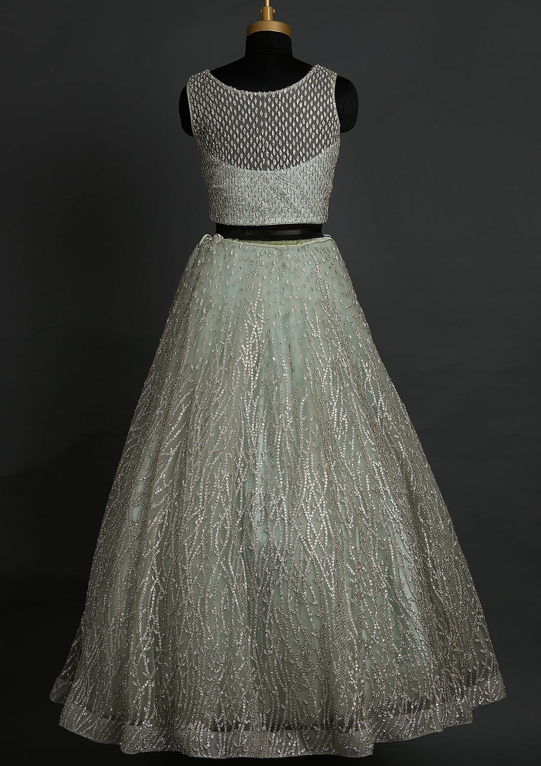 Pista Green Silver Stonework Net Designer Lehenga - koskii