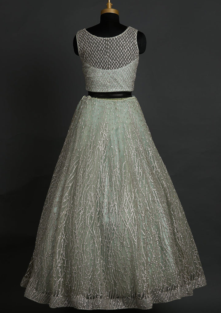 Pista Green Silver Stonework Net Designer Lehenga - koskii