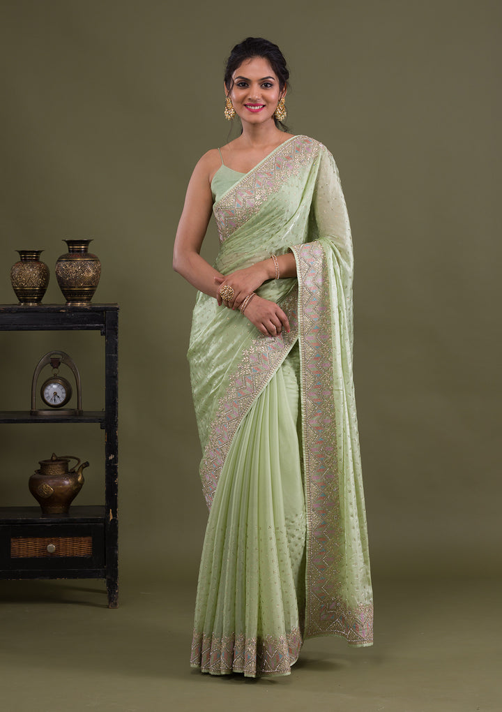 Pista Green Stonework Satin Saree-Koskii