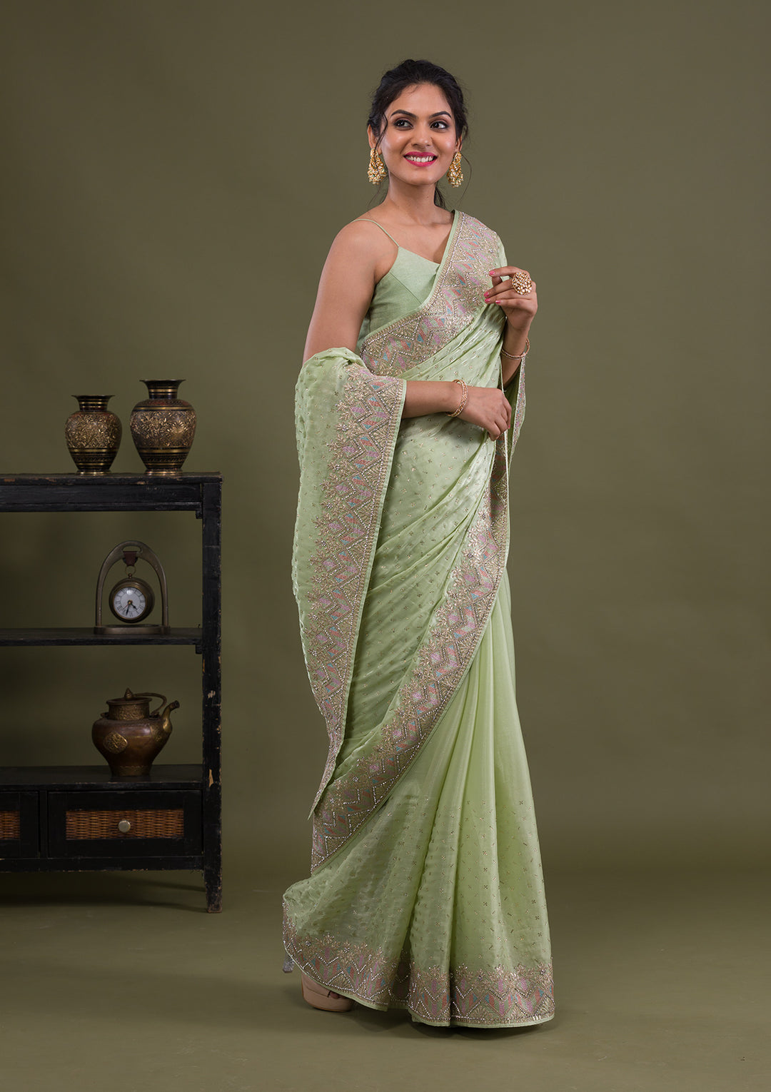 Pista Green Stonework Satin Saree-Koskii