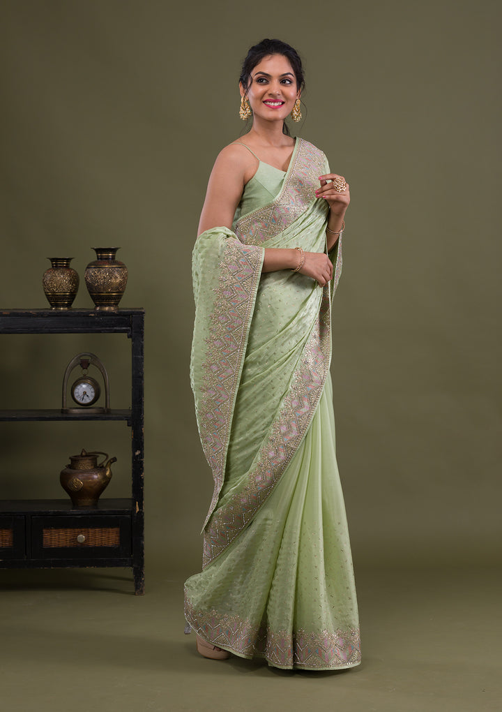 Pista Green Stonework Satin Saree-Koskii