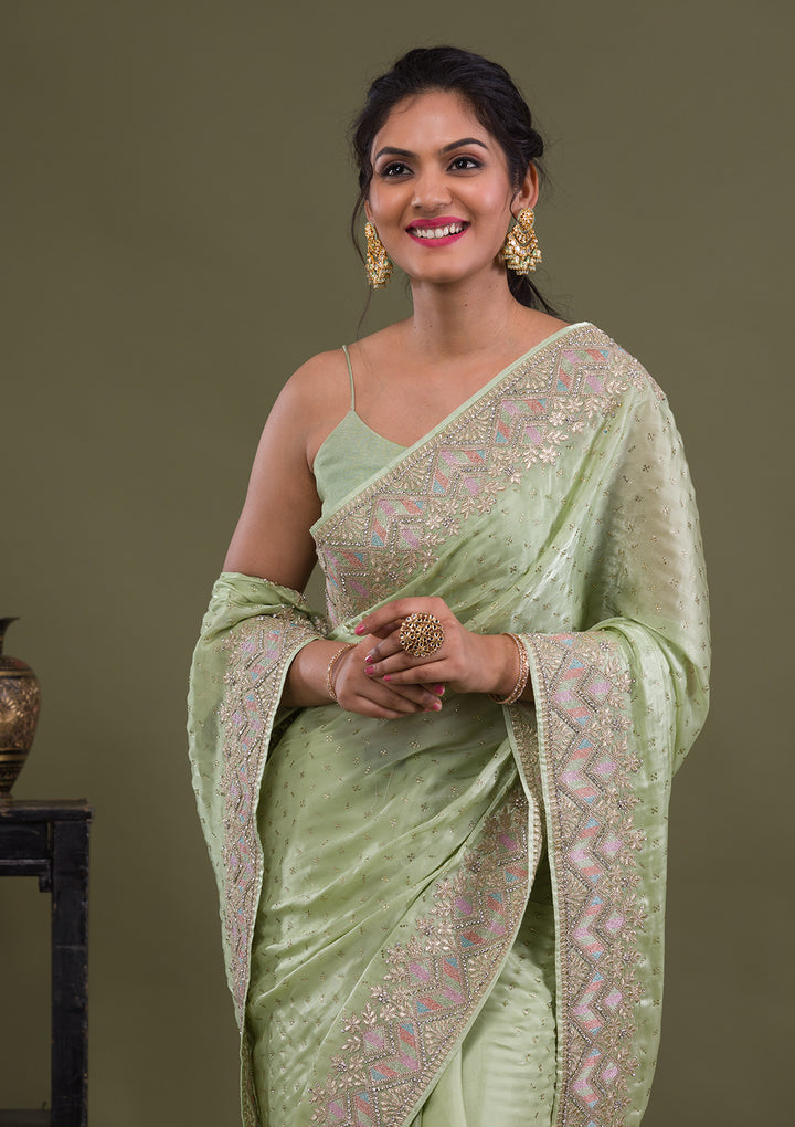 Pista Green Stonework Satin Saree-Koskii