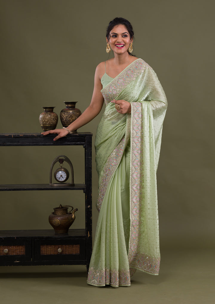 Pista Green Stonework Satin Saree-Koskii
