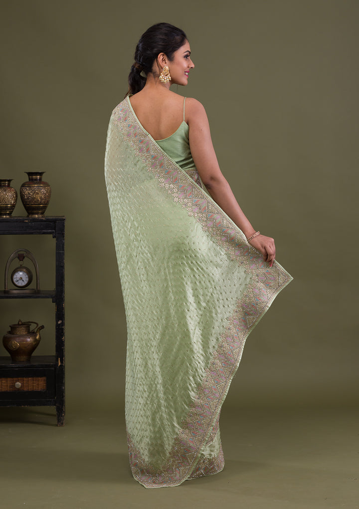 Pista Green Stonework Satin Saree-Koskii