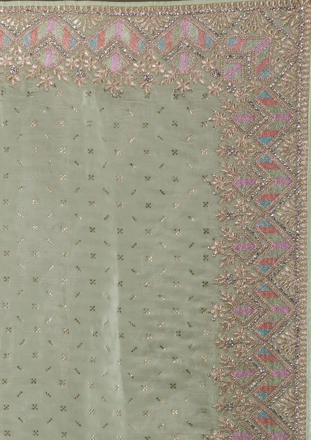Pista Green Stonework Satin Saree-Koskii