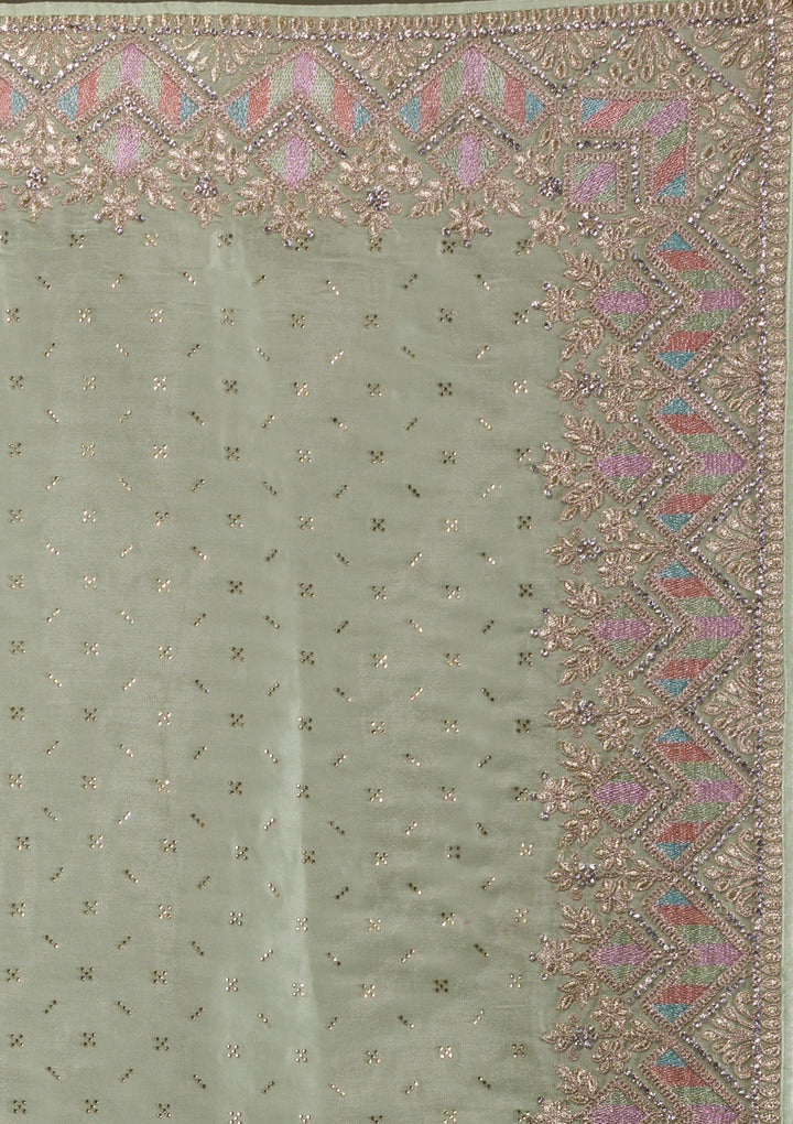 Pista Green Stonework Satin Saree-Koskii