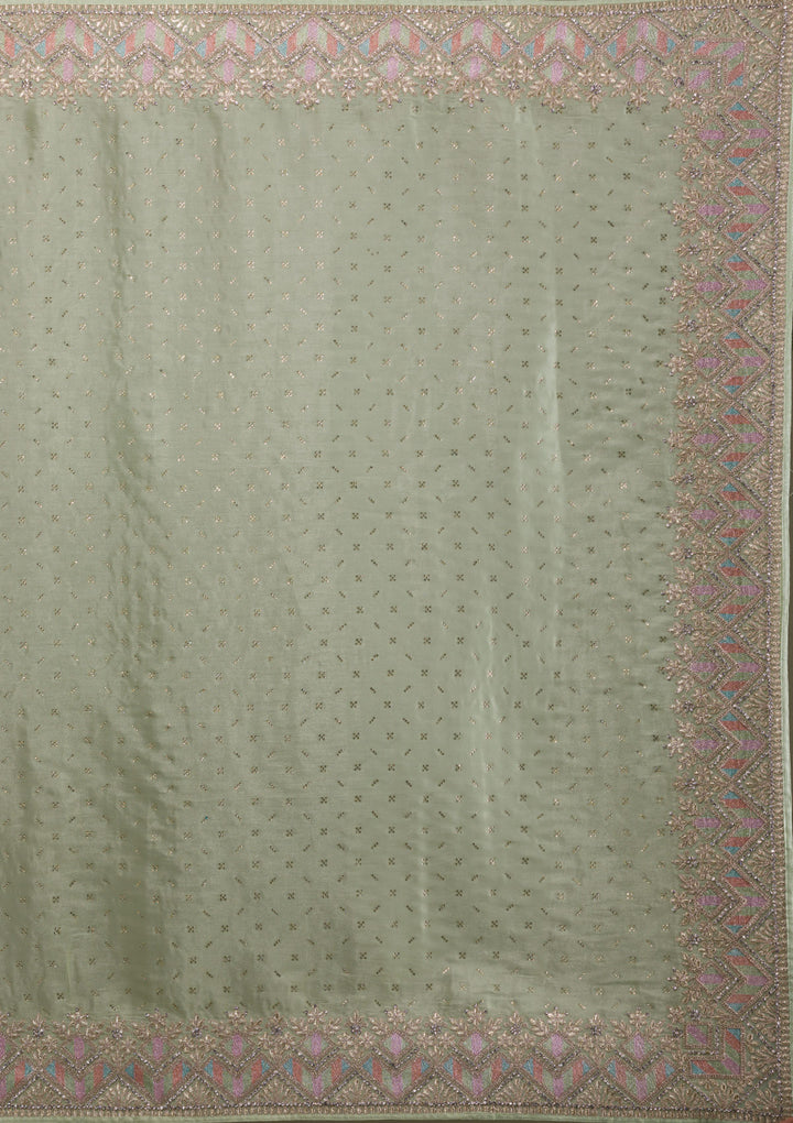 Pista Green Stonework Satin Saree-Koskii