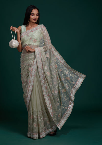 Pista Green Silver Stonework Tissue Saree - Koskii