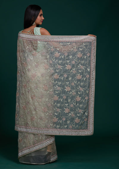 Pista Green Silver Stonework Tissue Saree - Koskii