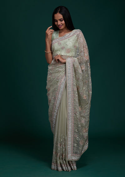 Pista Green Silver Stonework Tissue Saree - Koskii