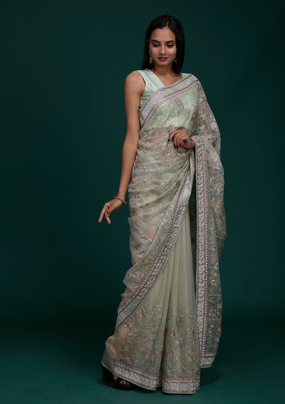 Pista Green Silver Stonework Tissue Saree - Koskii