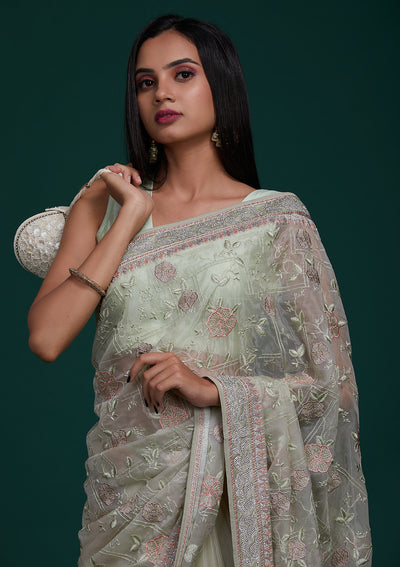 Pista Green Silver Stonework Tissue Saree - Koskii