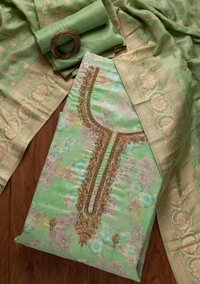 Pista Green Stonework Chanderi Designer Unstitched Salwar Suit - koskii