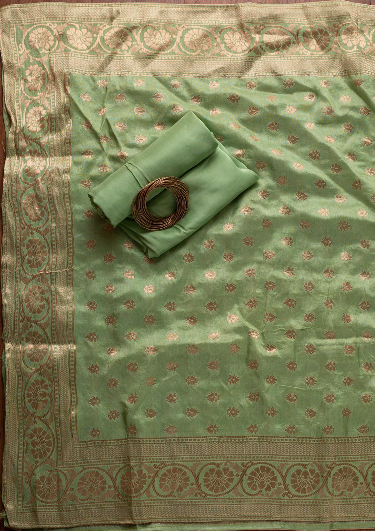 Pista Green Stonework Chanderi Designer Unstitched Salwar Suit - koskii
