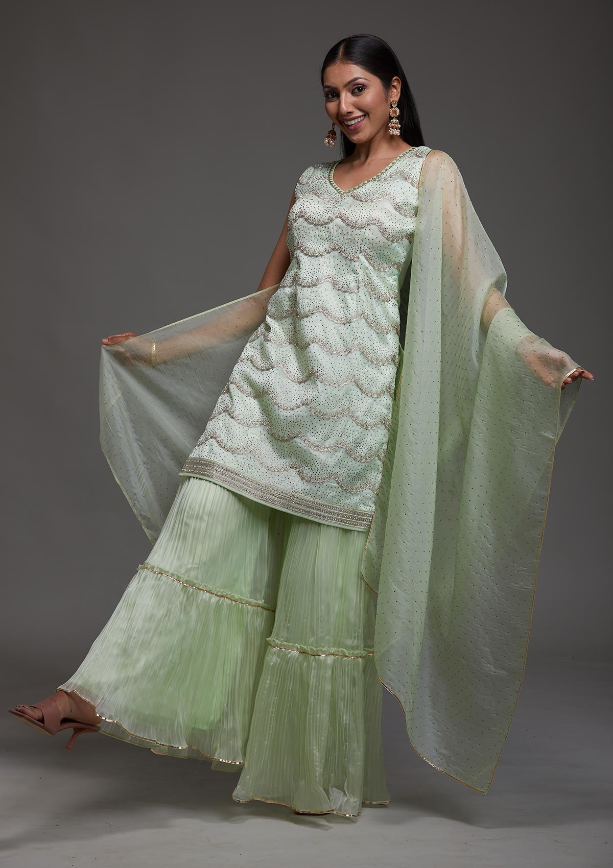 Pista Green Stonework Organza Designer Salwar Suit-Koskii