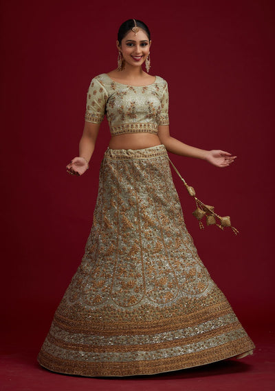 Pista Green Stonework Net Designer Semi-Stitched Lehenga - koskii