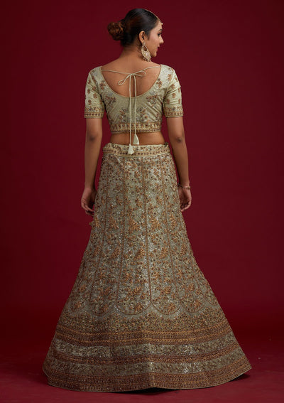 Pista Green Stonework Net Designer Semi-Stitched Lehenga - koskii