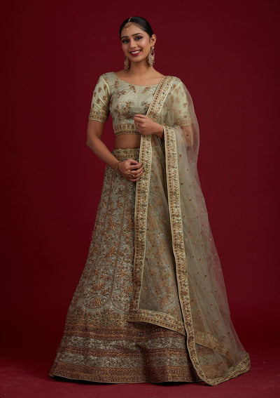 Pista Green Stonework Net Designer Semi-Stitched Lehenga - koskii