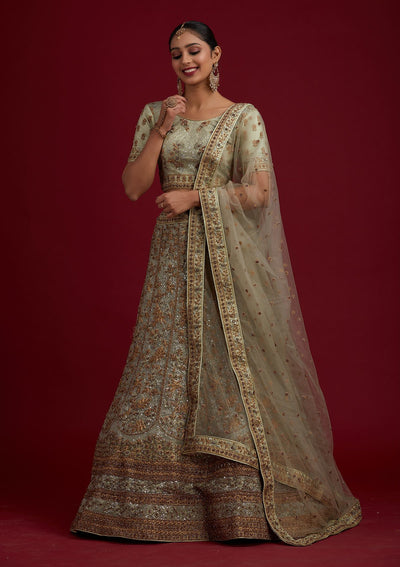 Pista Green Stonework Net Designer Semi-Stitched Lehenga - koskii