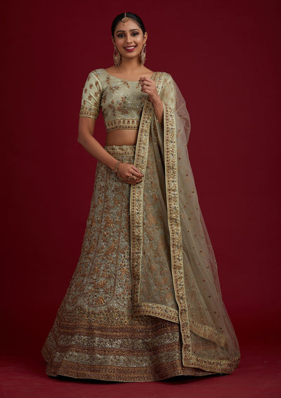 Pista Green Stonework Net Designer Semi-Stitched Lehenga - koskii