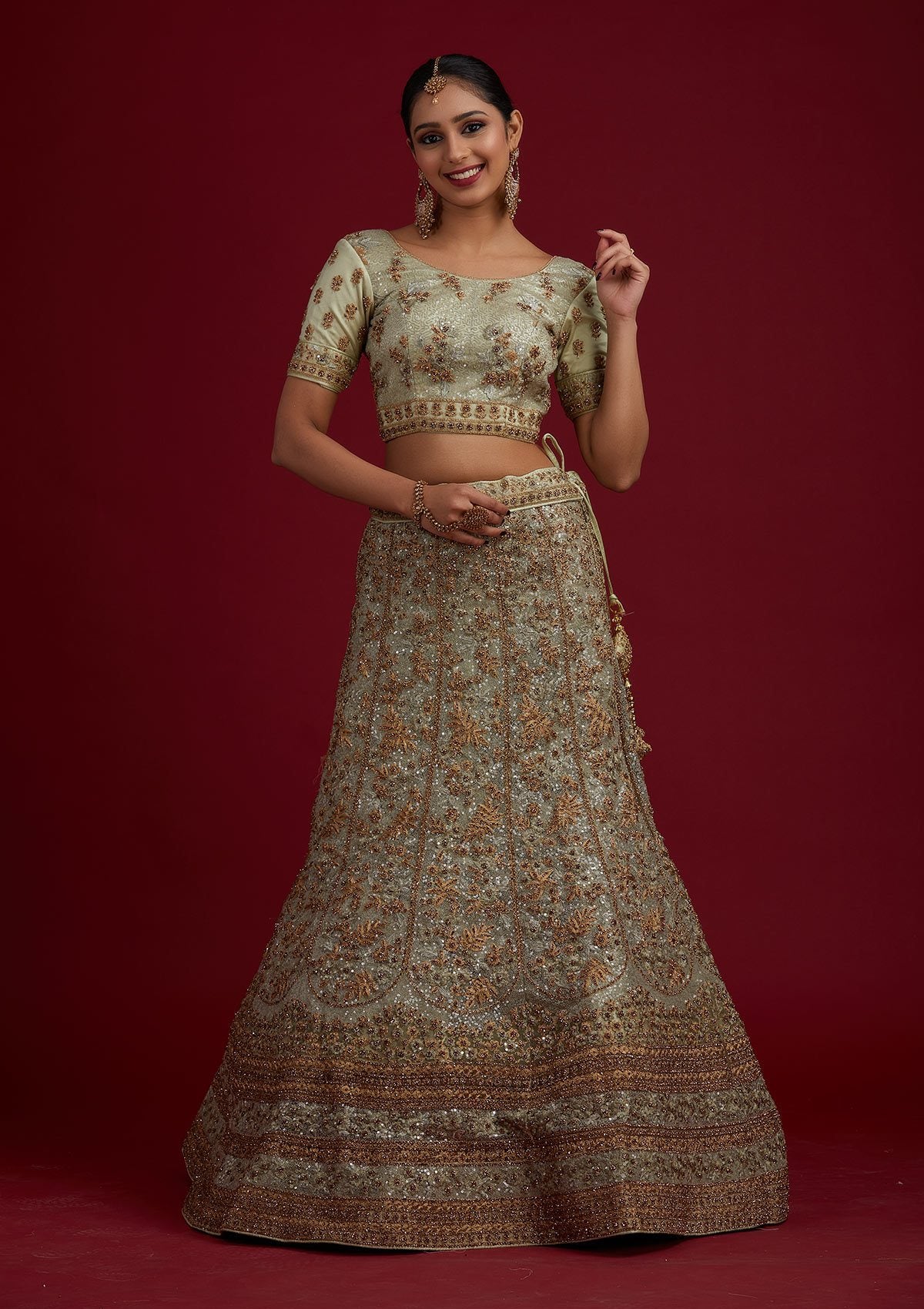 Pista Green Stonework Net Designer Semi-Stitched Lehenga - koskii