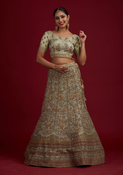 Pista Green Stonework Net Designer Semi-Stitched Lehenga - koskii