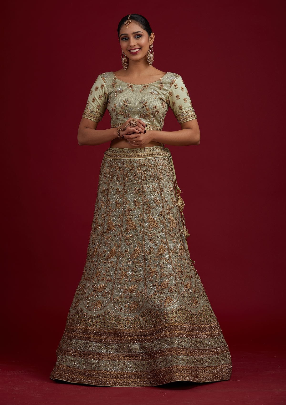 Pista Green Stonework Net Designer Semi-Stitched Lehenga - koskii